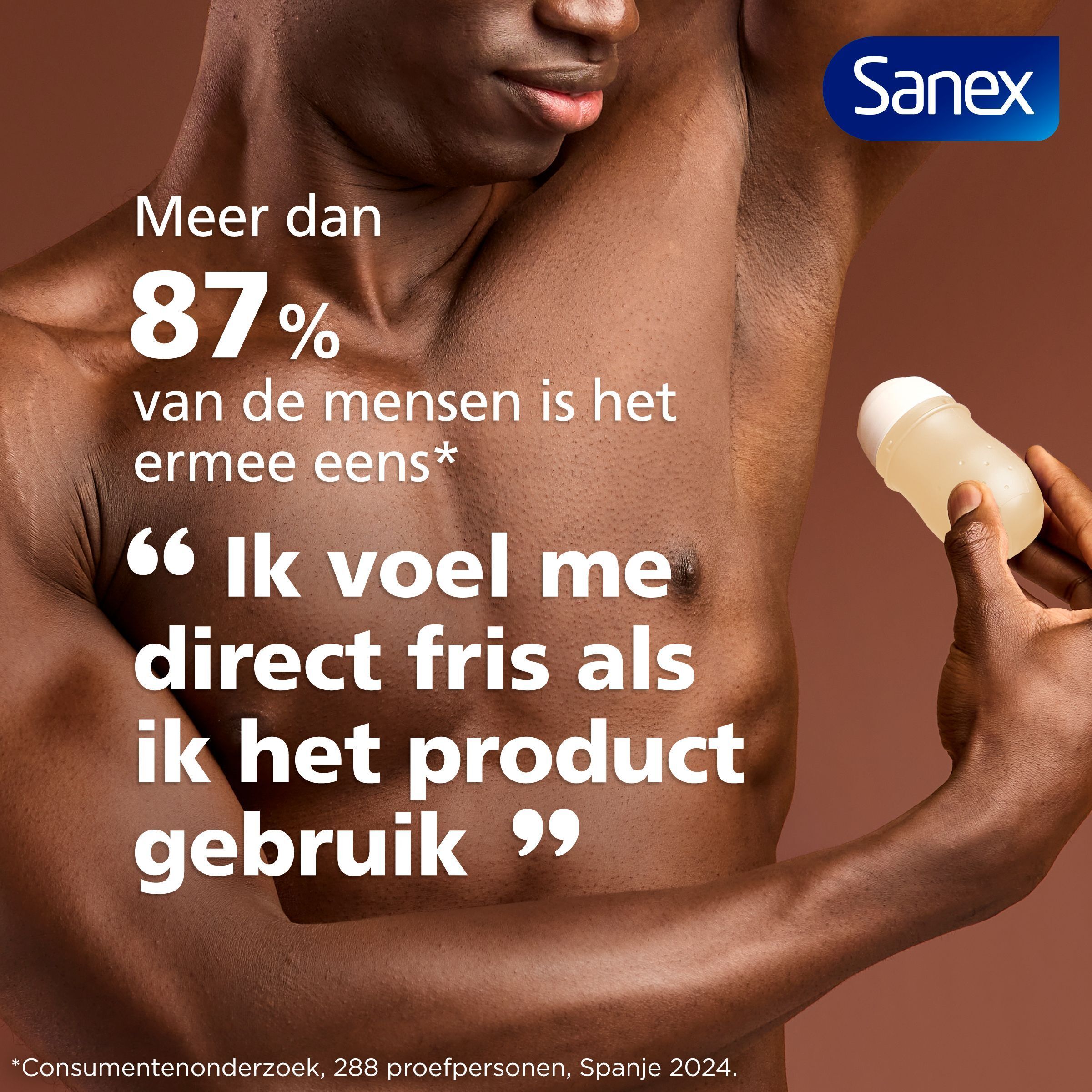 Man met arm en roller. Tekst: Meer dan 87% van de mensen is het ermee eens: Ik voel me direct fris. Sanex logo.