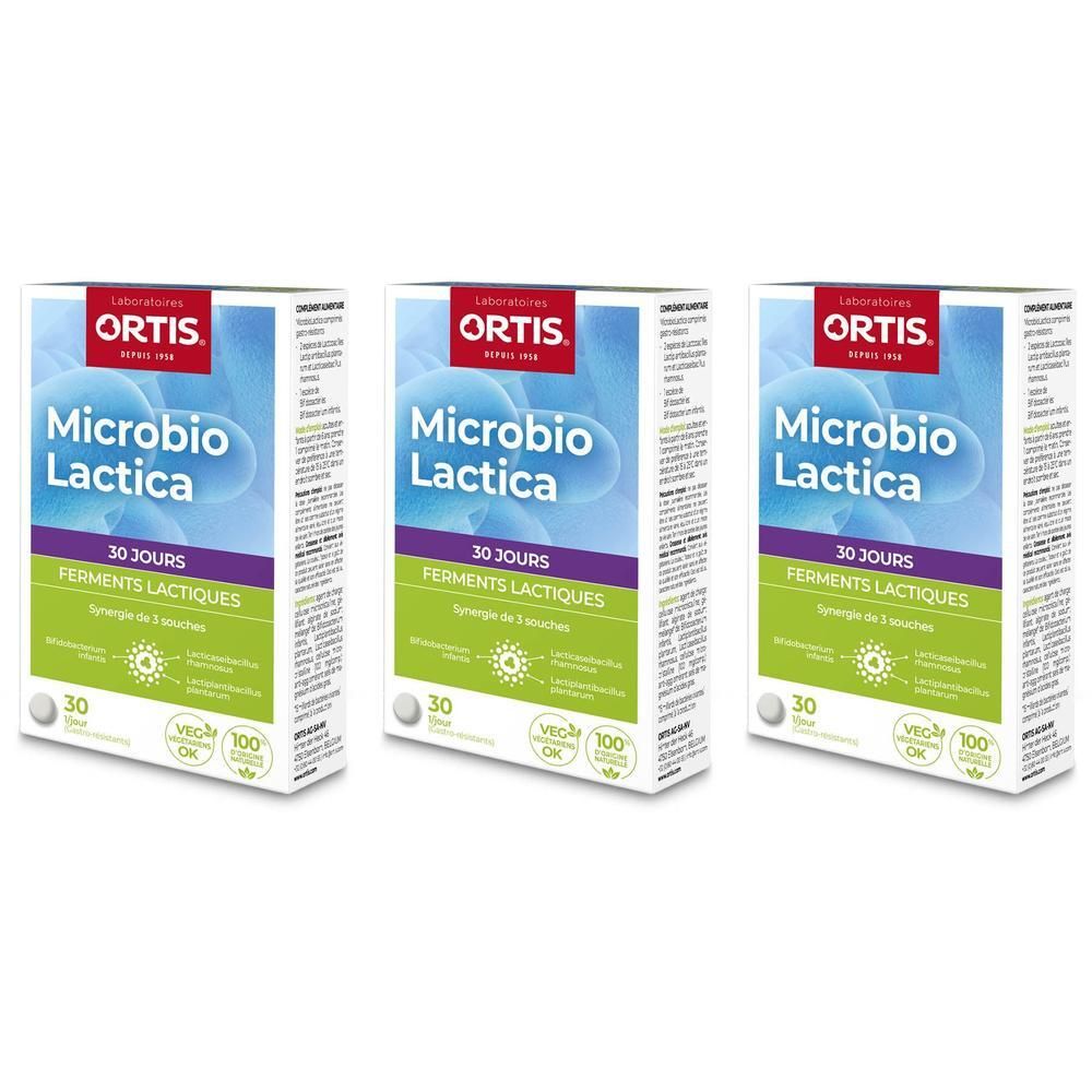 Trois boîtes Ortis® MicrobioLactica. Emballage bleu, vert et blanc. Inscription: MicrobioLactica, 30 jours.