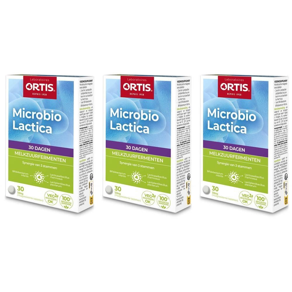 Drie dozen Ortis® MicrobioLactica. Blauwe, groene en witte verpakking. Opschrift: MicrobioLactica, 30 tabletten.