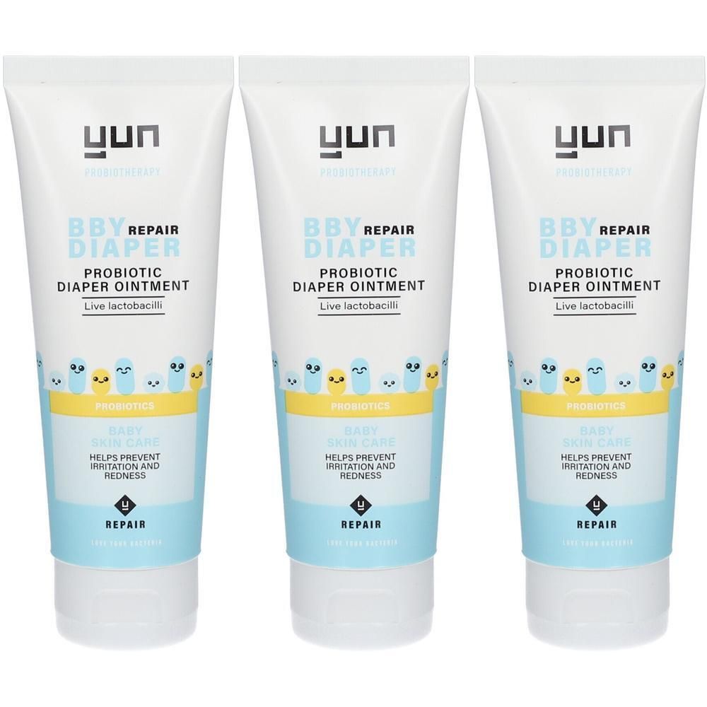 Trois tubes de crème pour le change YUN BBY REPAIR. Blanc, avec texte bleu et jaune. Contient des probiotiques. Aide à prévenir les irritations.