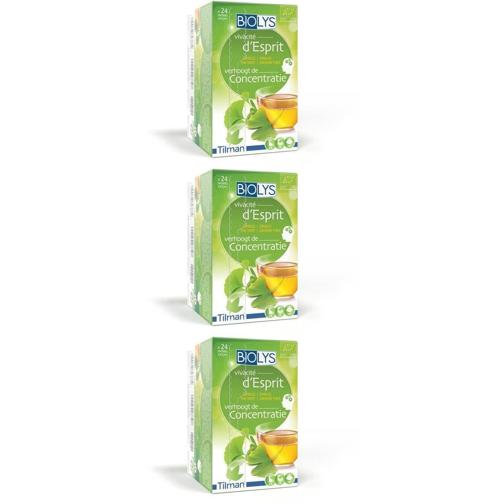 Trois boîtes vertes Biolys. Chaque boîte affiche une tasse de thé et des feuilles. Texte: Thé Vert-Ginkgo, vivacité d'Esprit.