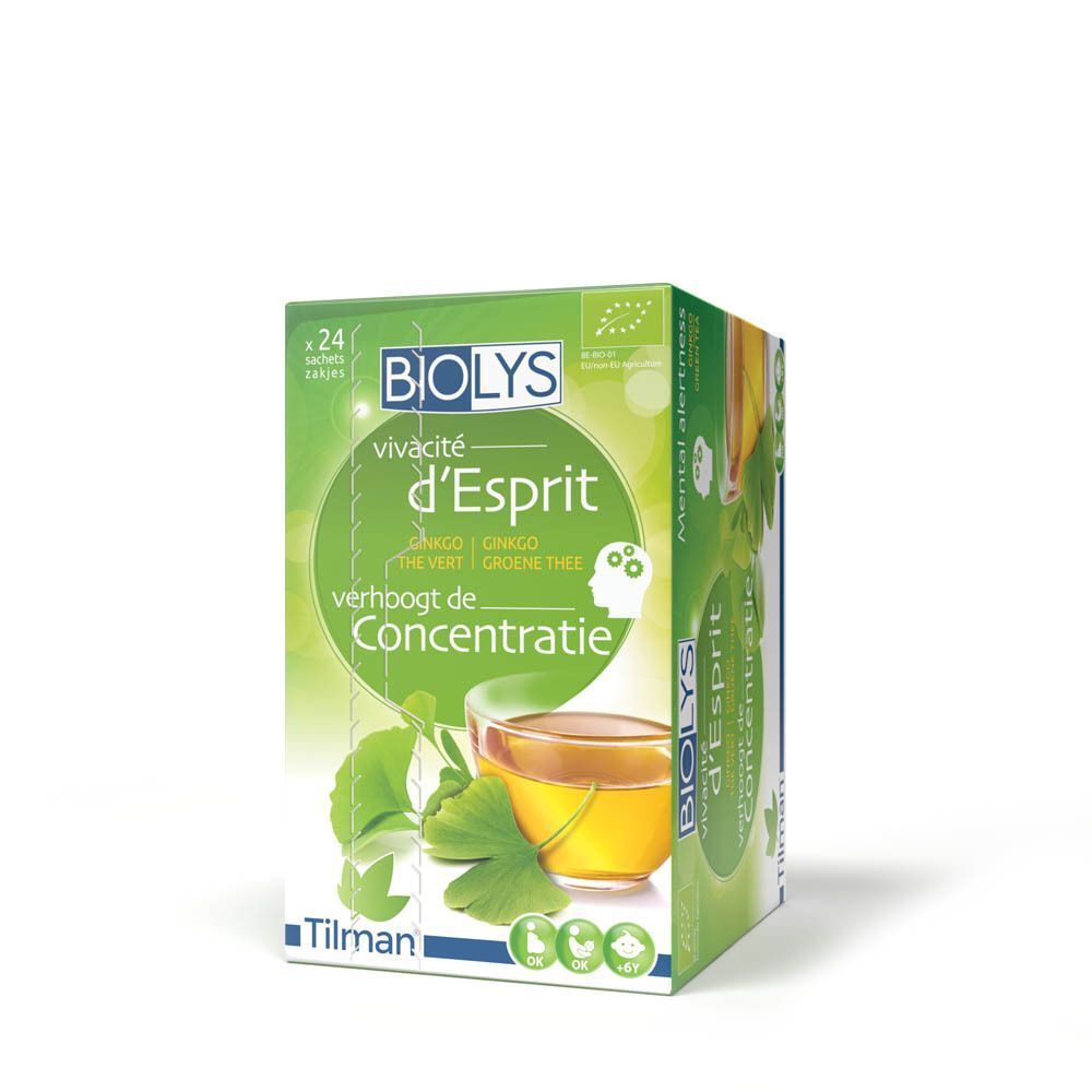 Groene Biolys doos. Toont een kopje thee en bladeren. Tekst: Thé Vert-Ginkgo, vivacité d'Esprit, verhoogt de Concentratie.