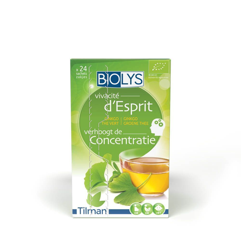 Groene Biolys doos. Toont een kopje thee en bladeren. Tekst: Thé Vert-Ginkgo, vivacité d'Esprit, verhoogt de Concentratie.