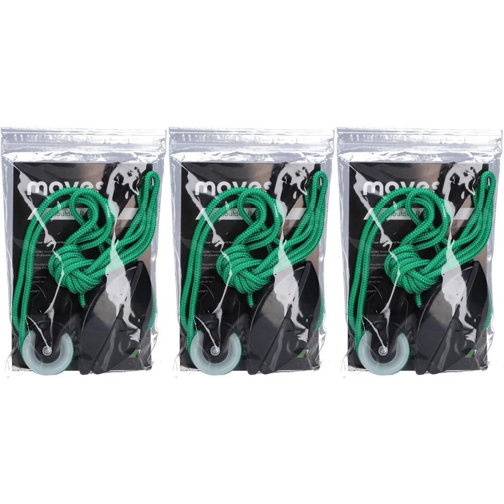 Trois ensembles dans des sachets plastiques. Chaque ensemble comprend une poulie noire, des cordes vertes et un support. Marque "moves".