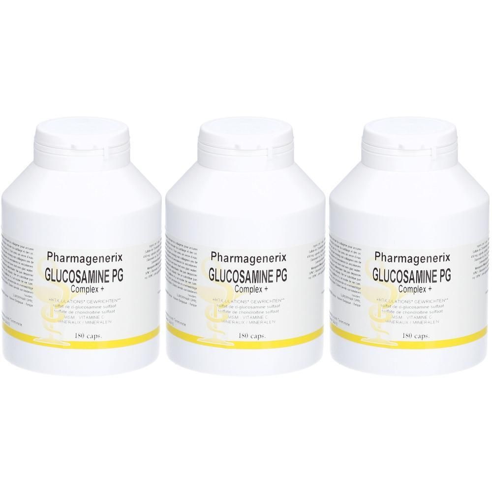 Trois flacons blancs avec étiquettes. Inscription: Pharmagenerix Glucosamine PG Complex+. Accents jaunes.