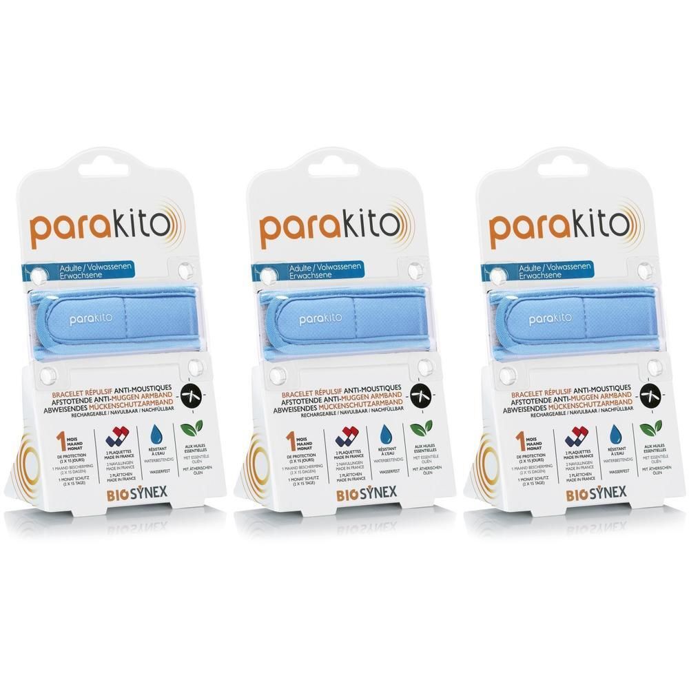Trois bracelets ParaKito emballés. Bracelets bleus avec emballage blanc. Inscription : ParaKito, BIO SYNEX. Bracelet anti-moustiques.
