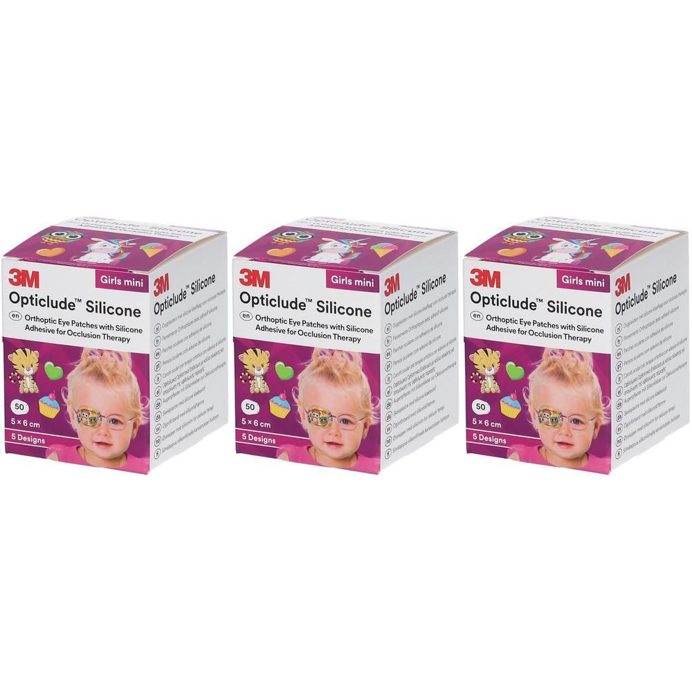 Trois boîtes Opticlude Silicone Mini Girls. Chaque boîte présente une fillette. Inscription : 5 x 6 cm, 50 pièces.