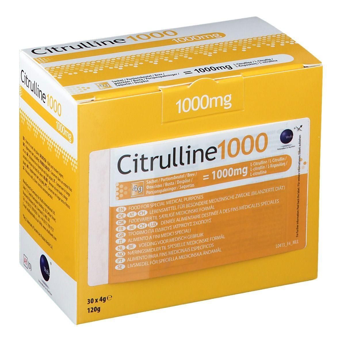 Boîte jaune avec inscription Citrulline 1000. Contient 30 sachets de 4g. Inscription : 1000mg. Pour usages médicaux spéciaux.