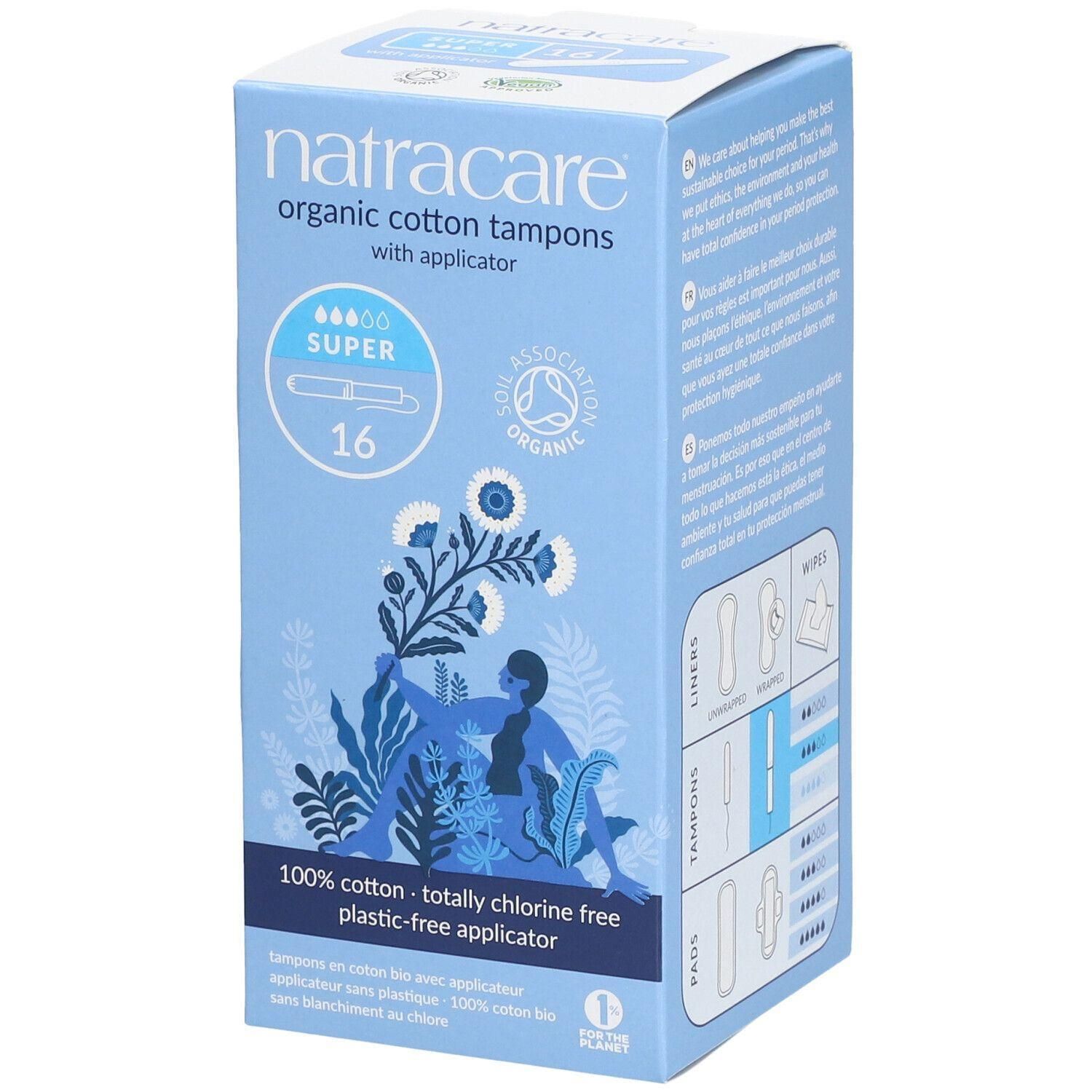 Blauwe doos Natracare tampons. Opschrift: organic cotton tampons with applicator, Super, 16 stuks.