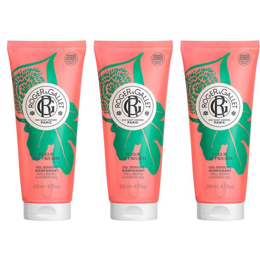 Trois tubes de gel rose. Sur chaque tube: logo, feuilles vertes, texte et bouchon blanc.