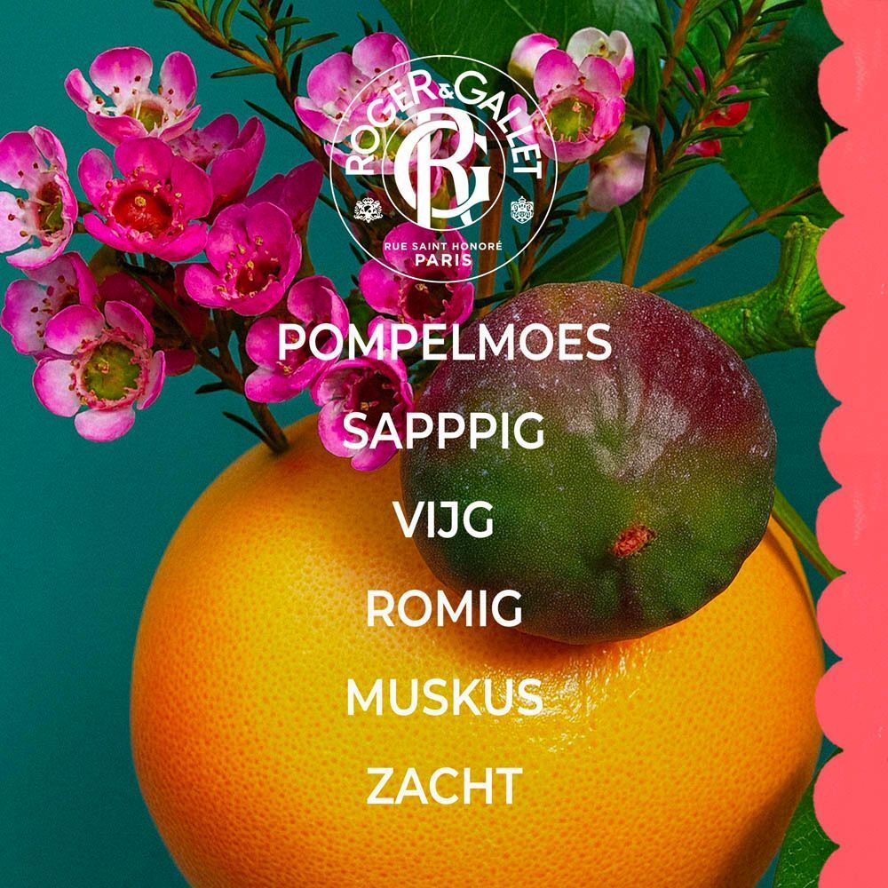 Sinaasappel, vijg en roze bloemen. Tekst in het Nederlands.