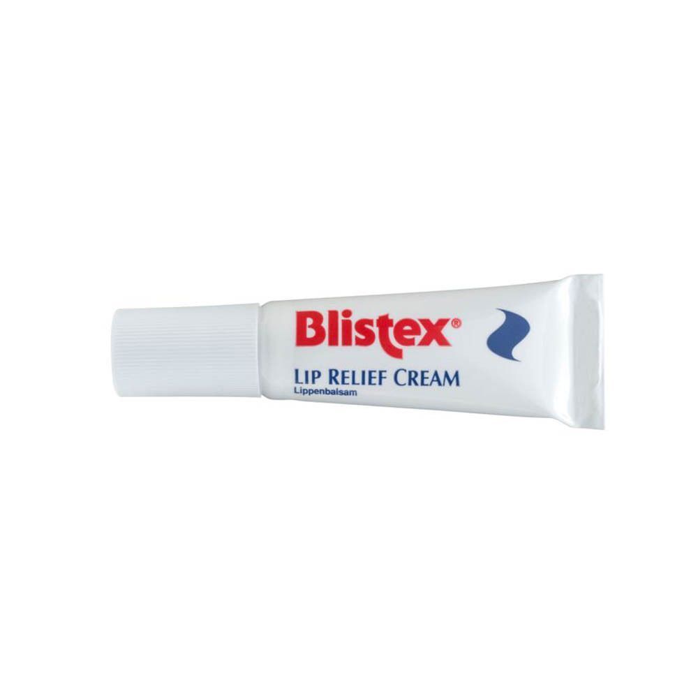 Blistex Lip Relief Cream. Tube blanc, texte rouge, accent bleu.