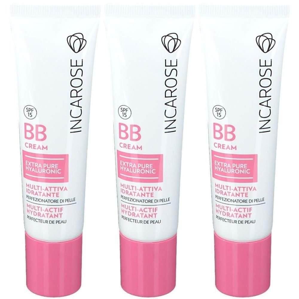 Drie tubes BB Cream. Wit met roze accenten. Opschriften: INCAROSE, BB CREAM, Extra Pure Hyaluronic, Multi-Attiva Idratante, Multi-Actif Hydratant.