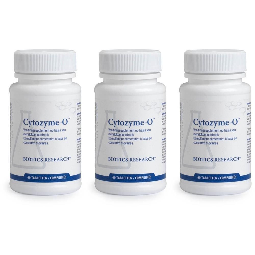 Drie witte flessen met etiketten. Opschrift: Cytozyme-O, Biotics Research. 60 tabletten/comprimés.