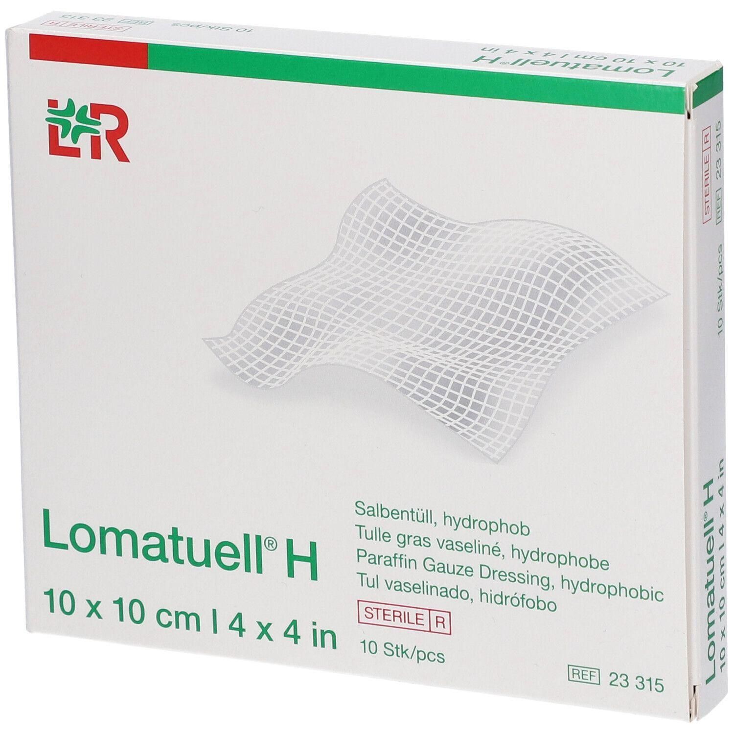 Verpakking van Lomatuell H, 10 x 10 cm. Bevat 10 steriele verbanden. Opschriften: Salbentüll, hydrofoob, sterile R.