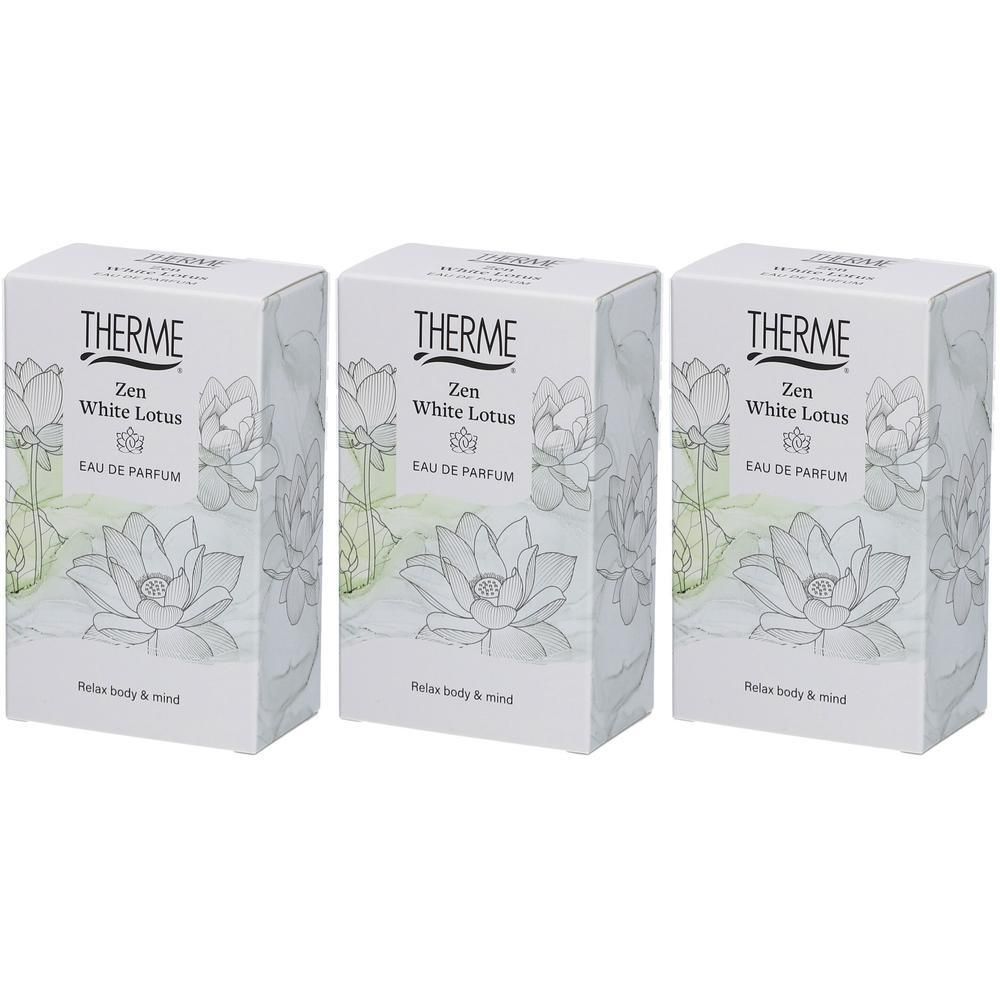 Drie rechthoekige dozen. Opdruk: THERME, Zen White Lotus, Eau de Parfum. Illustratie van een lotusbloem. Tekst: Relax body & mind.