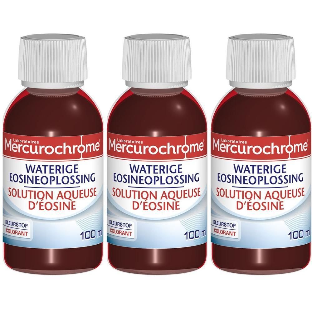 Trois flacons de solution Mercurochrome. Chaque flacon a un bouchon blanc et une étiquette avec des informations sur le produit. 100 ml.