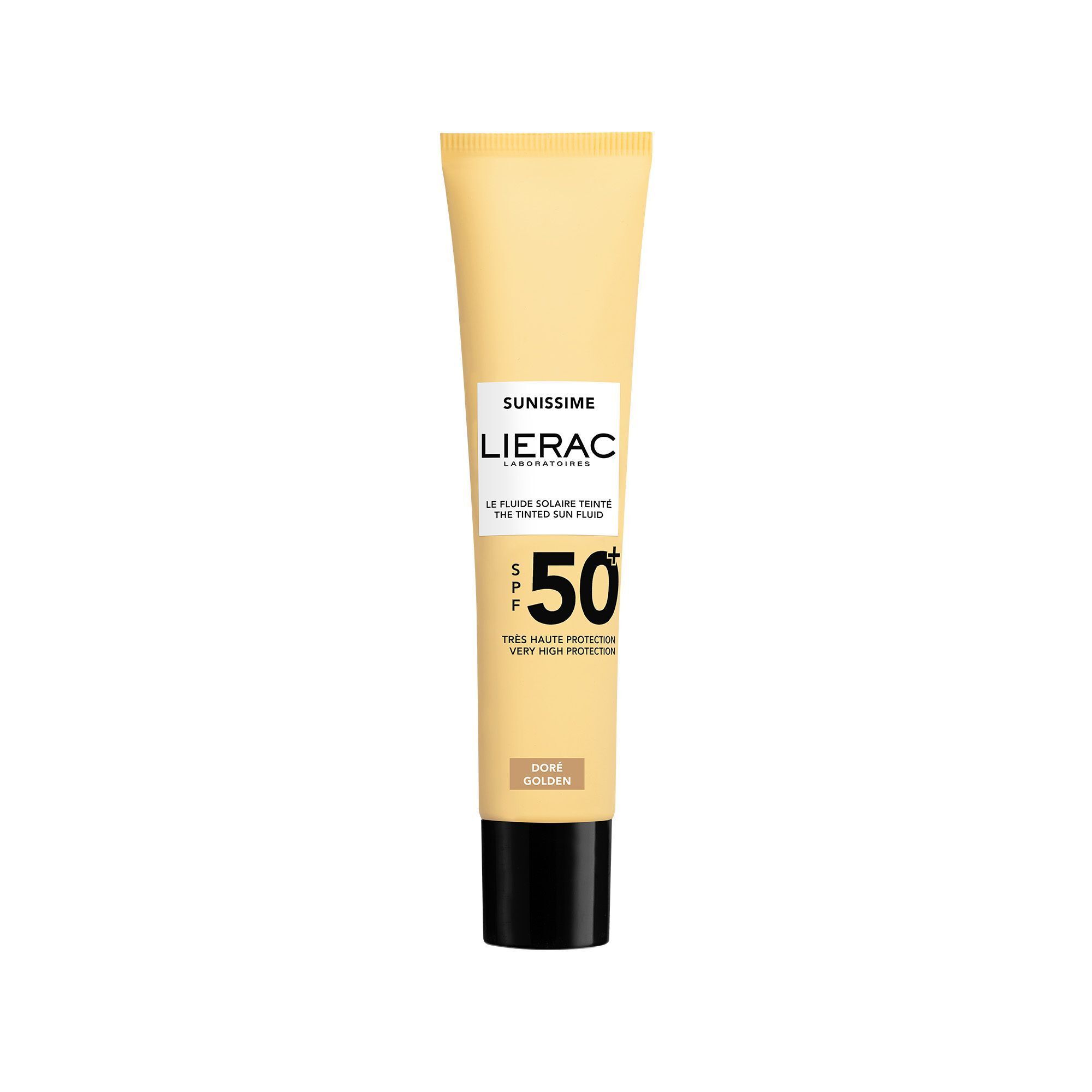 Un tube de Lierac Sunissime Le Fluide Teinté SPF50+. Beige, bouchon noir. Inscription: SPF 50, Très haute protection.