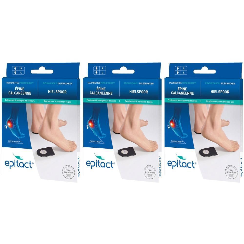 Trois boîtes Epitact® Talonnettes Physio'Choc™ Épine Calcanéenne. Emballage bleu avec illustration de pied et produit.