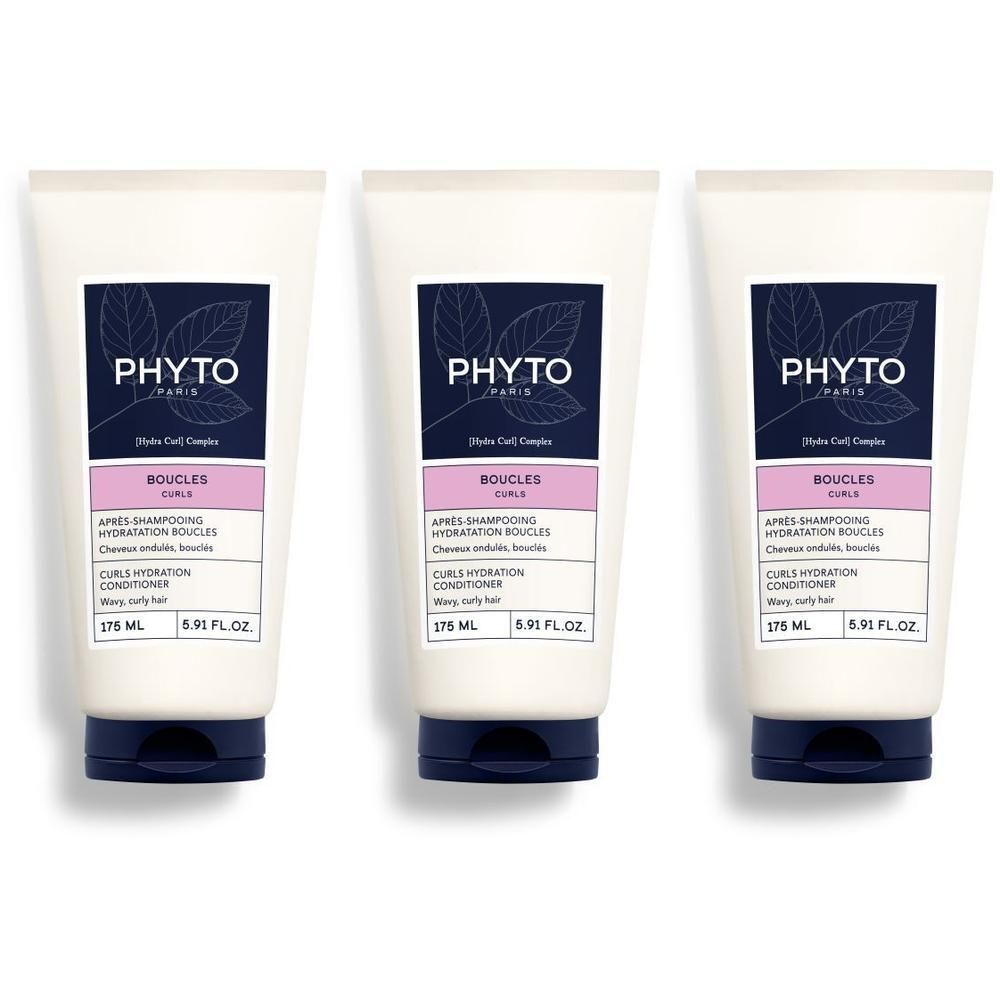 Drie witte tubes met donkerblauwe doppen. Elke tube draagt de tekst "PHYTO" en "BOUCLES". 