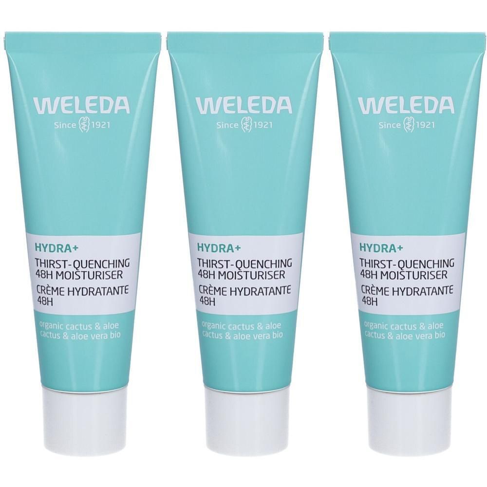 Drie tubes Weleda Hydra+ moisturizer. Turquoise en wit, met productnaam en logo. Tekst: 48H hydratatie, cactus & aloë vera.