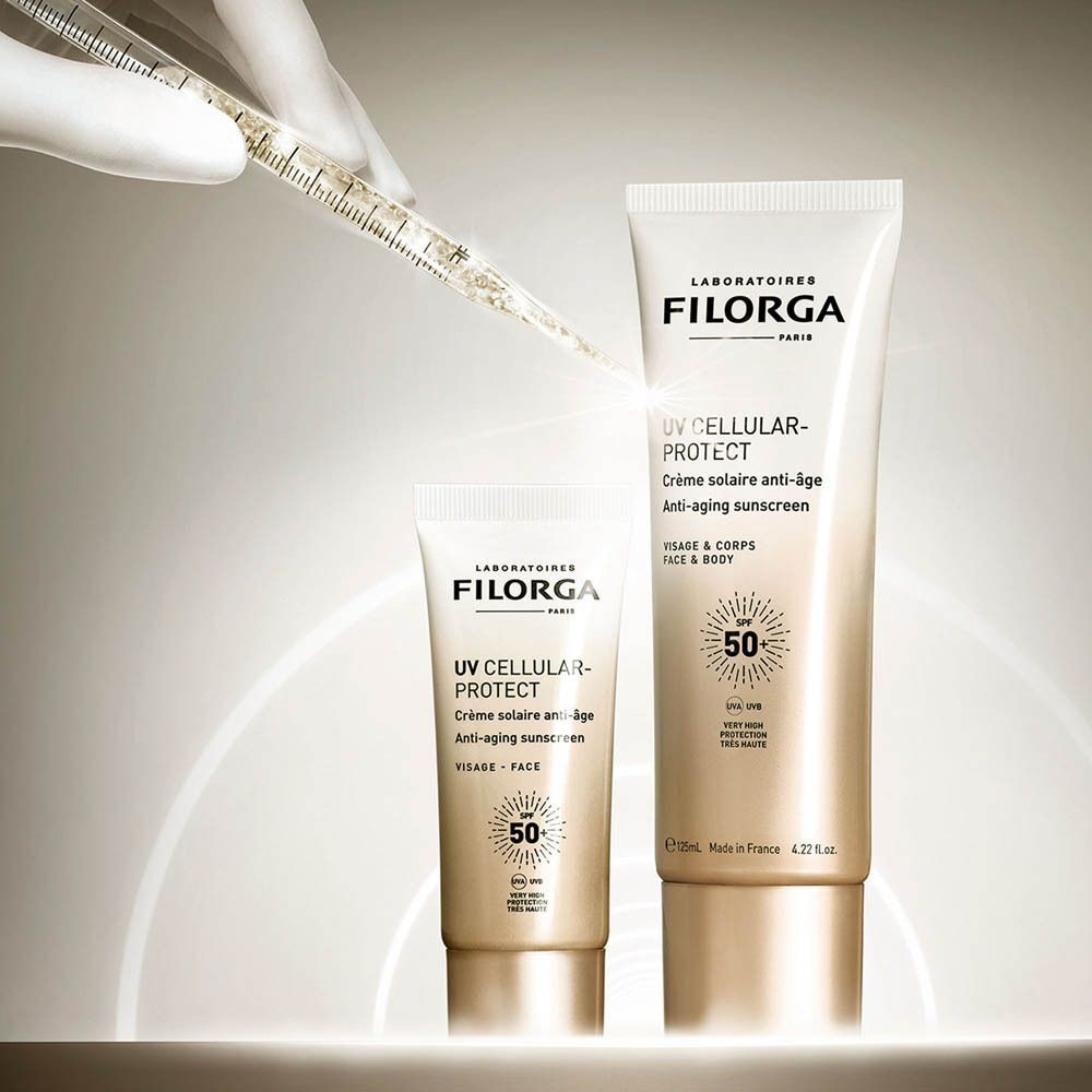 Deux tubes Filorga UV CELLULAR-PROTECT. Un petit et un grand tube, avec une seringue.