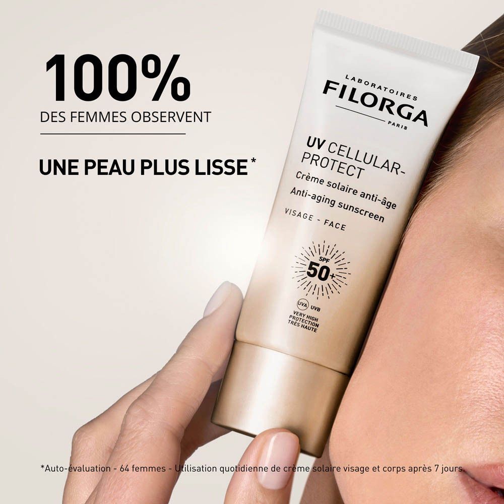 Une femme tient un tube Filorga UV CELLULAR-PROTECT. Texte : '100% DES FEMMES OBSERVENT UNE PEAU PLUS LISSE'.