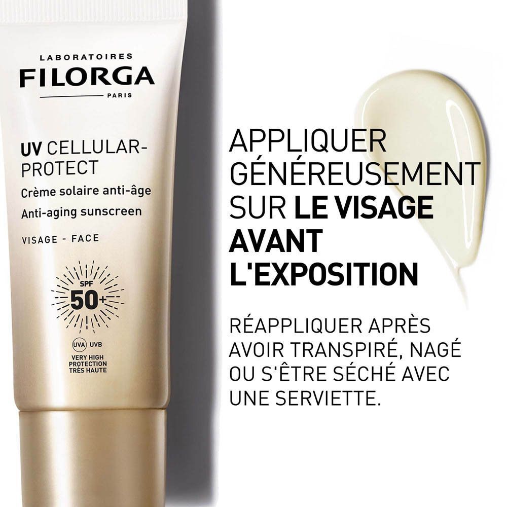 Tube Filorga UV CELLULAR-PROTECT avec texte. Texte : 'APPLIQUER GÉNÉREUSEMENT SUR LE VISAGE AVANT L'EXPOSITION'.