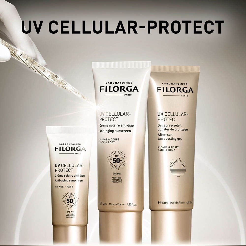 Trois tubes Filorga UV CELLULAR-PROTECT. Différentes tailles, avec une seringue.
