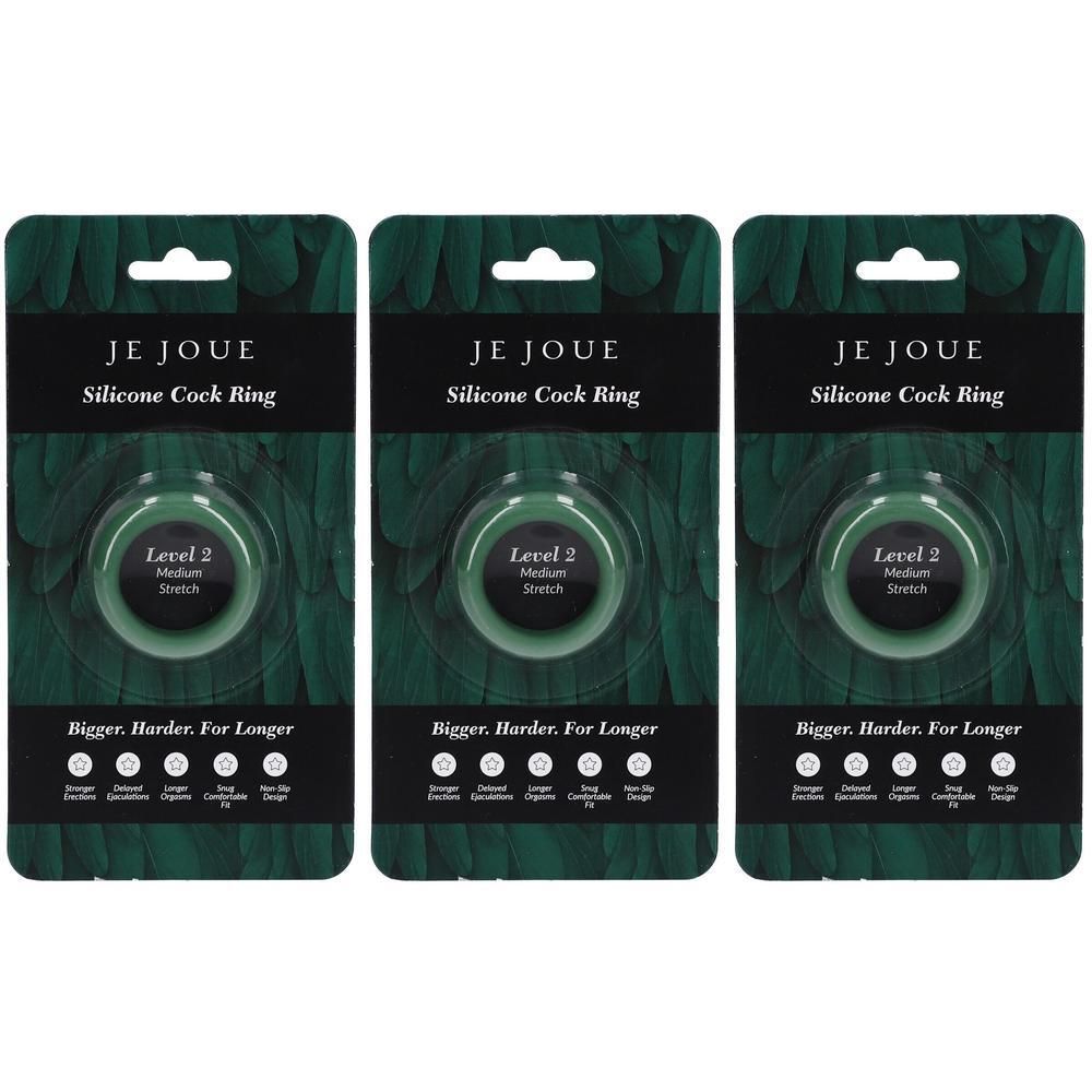 Drie verpakkingen van een siliconen cockring. Elke verpakking toont een groene ring met de tekst "Level 2 Medium Stretch". Merk: Je Joue.