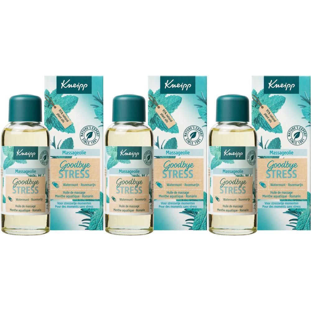 Vier flessen massageolie met verpakking. Opschrift: Kneipp Goodbye Stress. Flessen met groene dop, lichtgele olie.