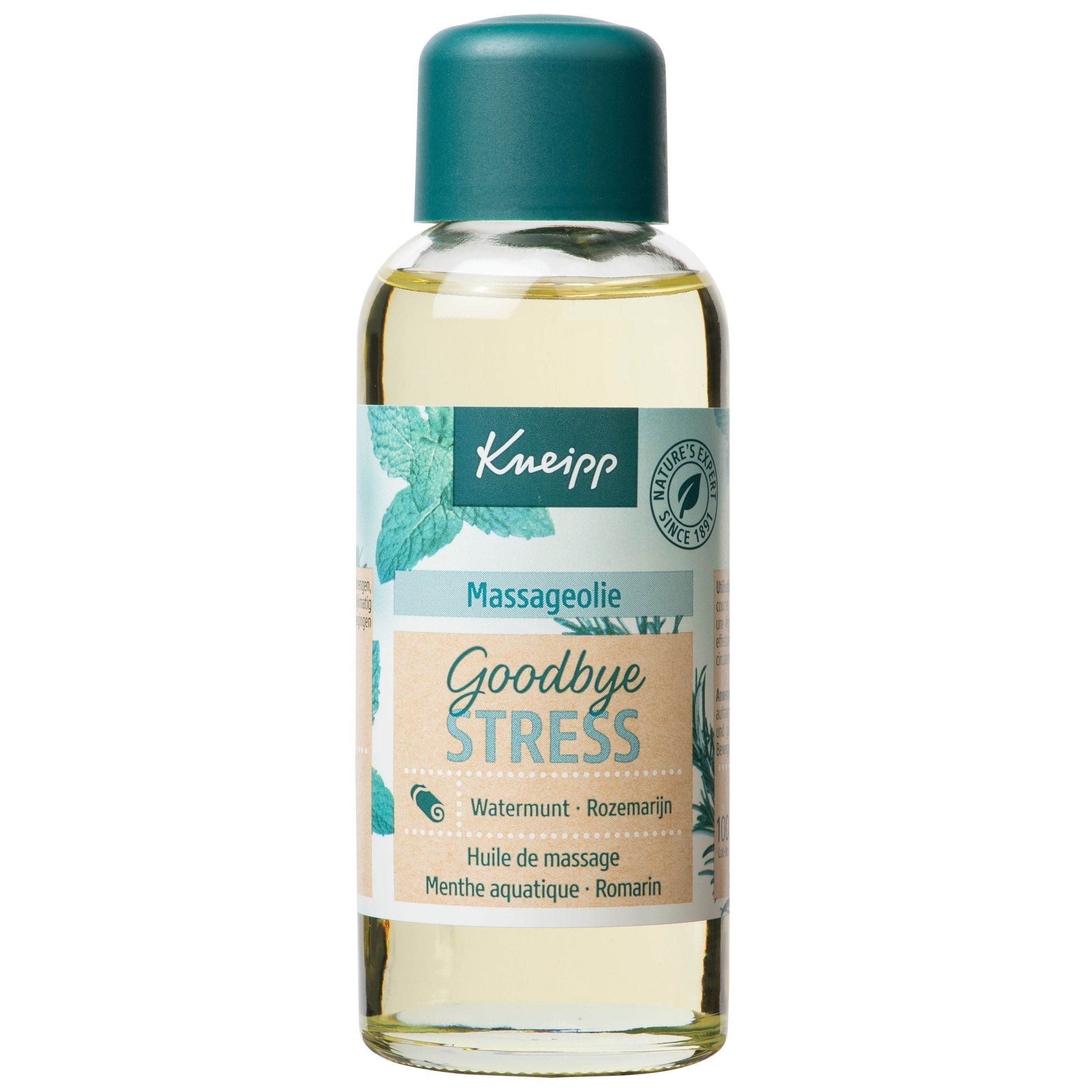 Fles massageolie met verpakking. Opschrift: Kneipp Goodbye Stress. Fles met groene dop, lichtgele olie. Muntmotief.