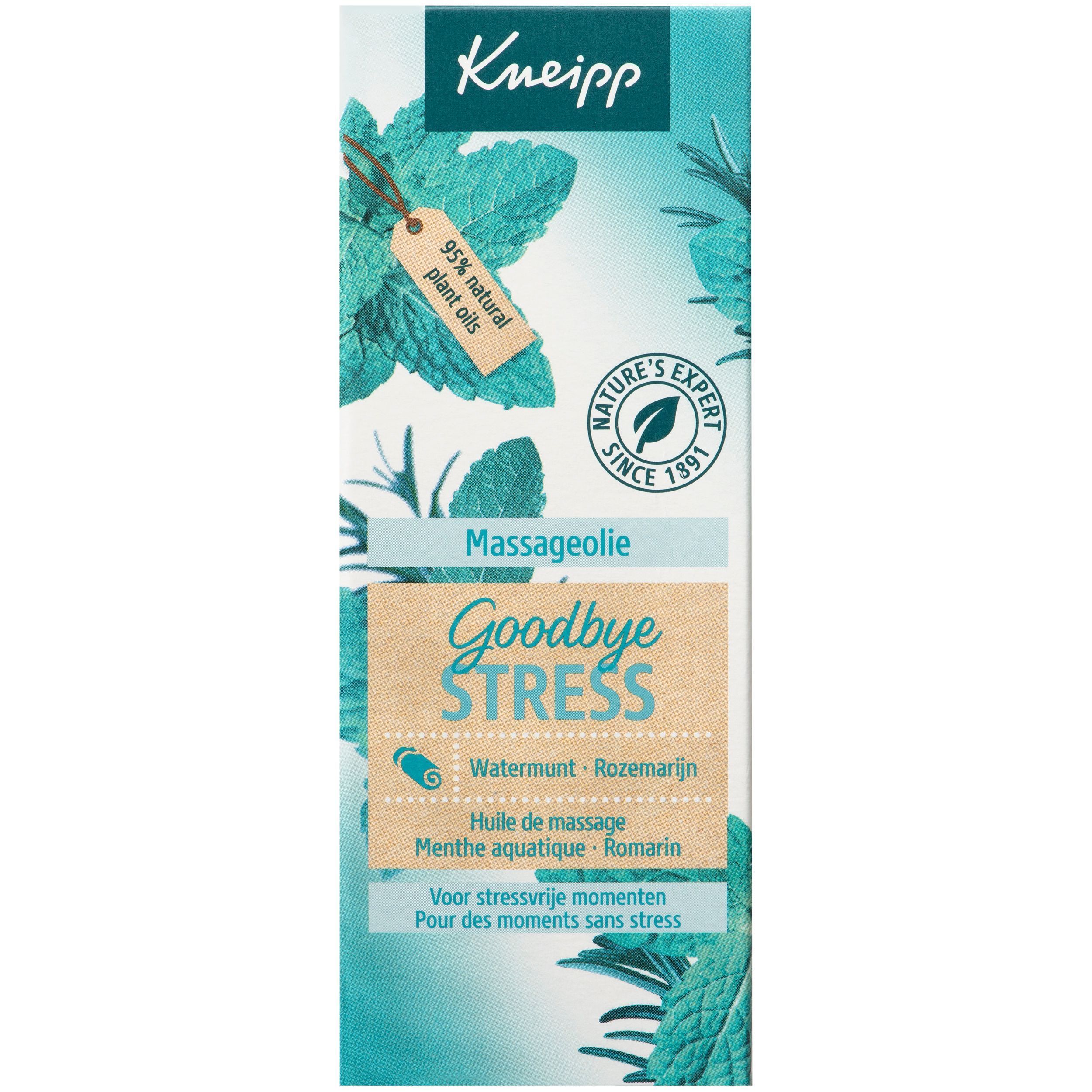 Verpakking van massageolie. Opschrift: Kneipp Goodbye Stress. Muntmotief, tekst: 95% natuurlijke plantaardige oliën. Groen-wit design.