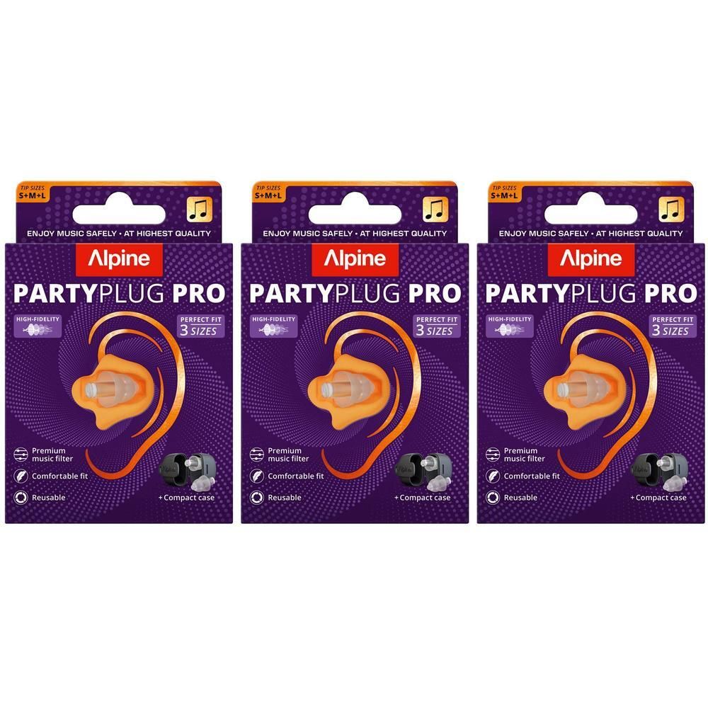 Trois boîtes de Alpine Partyplug Pro. Chaque boîte présente des bouchons d'oreille dans un emballage violet avec le nom et le logo du produit.
