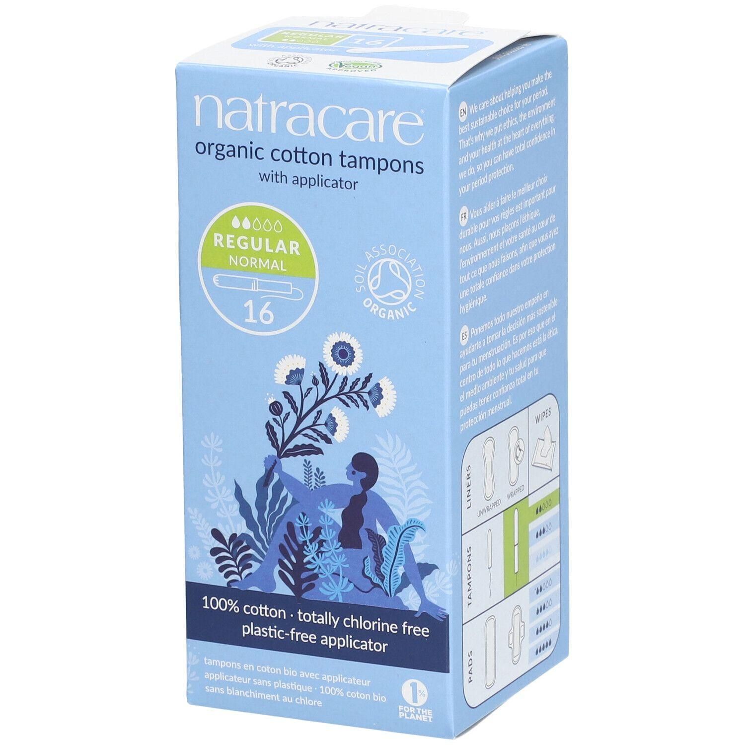 Boîte bleue de tampons Natracare. Inscription : organic cotton tampons, avec applicateur, Normal, 16. Label bio.