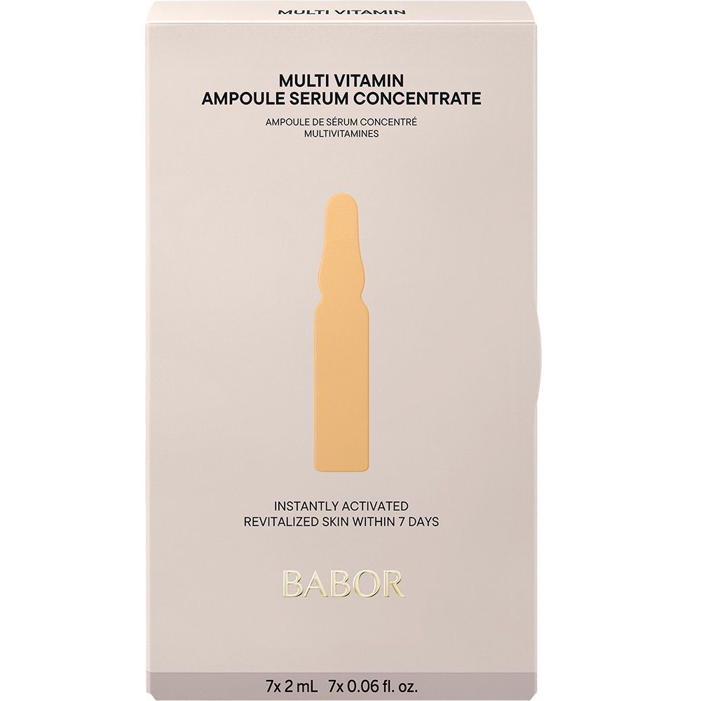 Emballage de sérum en ampoules. Inscription "MULTI VITAMIN" et "BABOR".