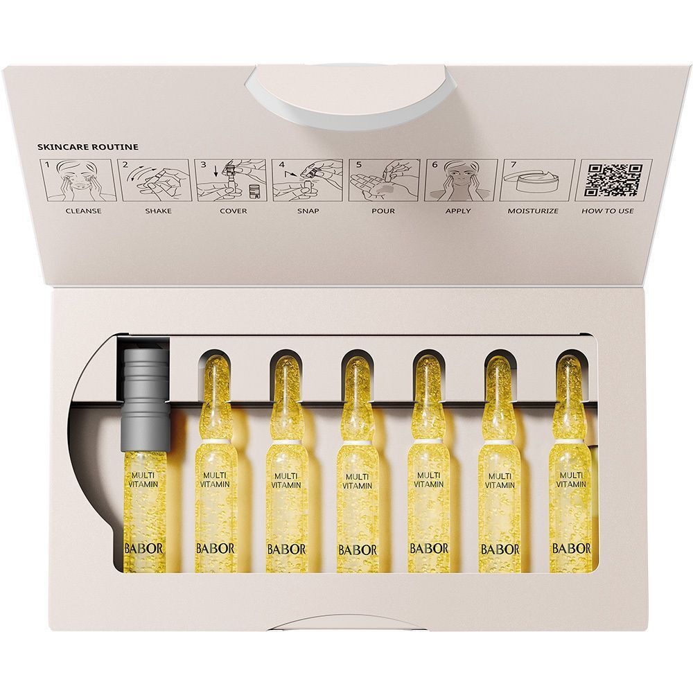 Emballage ouvert avec ampoules. Inscription "MULTI VITAMIN" et "BABOR".