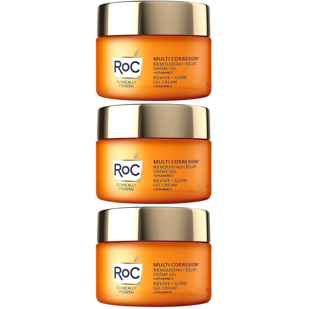 Drie oranje potjes met gouden deksels. Elk potje heeft het "RoC" logo en productinformatie.