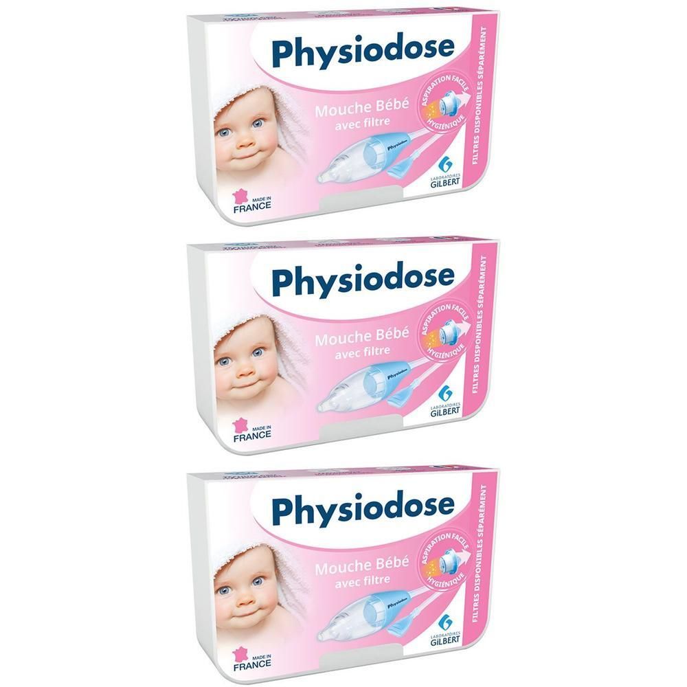 Drie roze verpakkingen van Physiodose. Op elke verpakking staat een baby afgebeeld. Product: Mouche Bébé met filter.