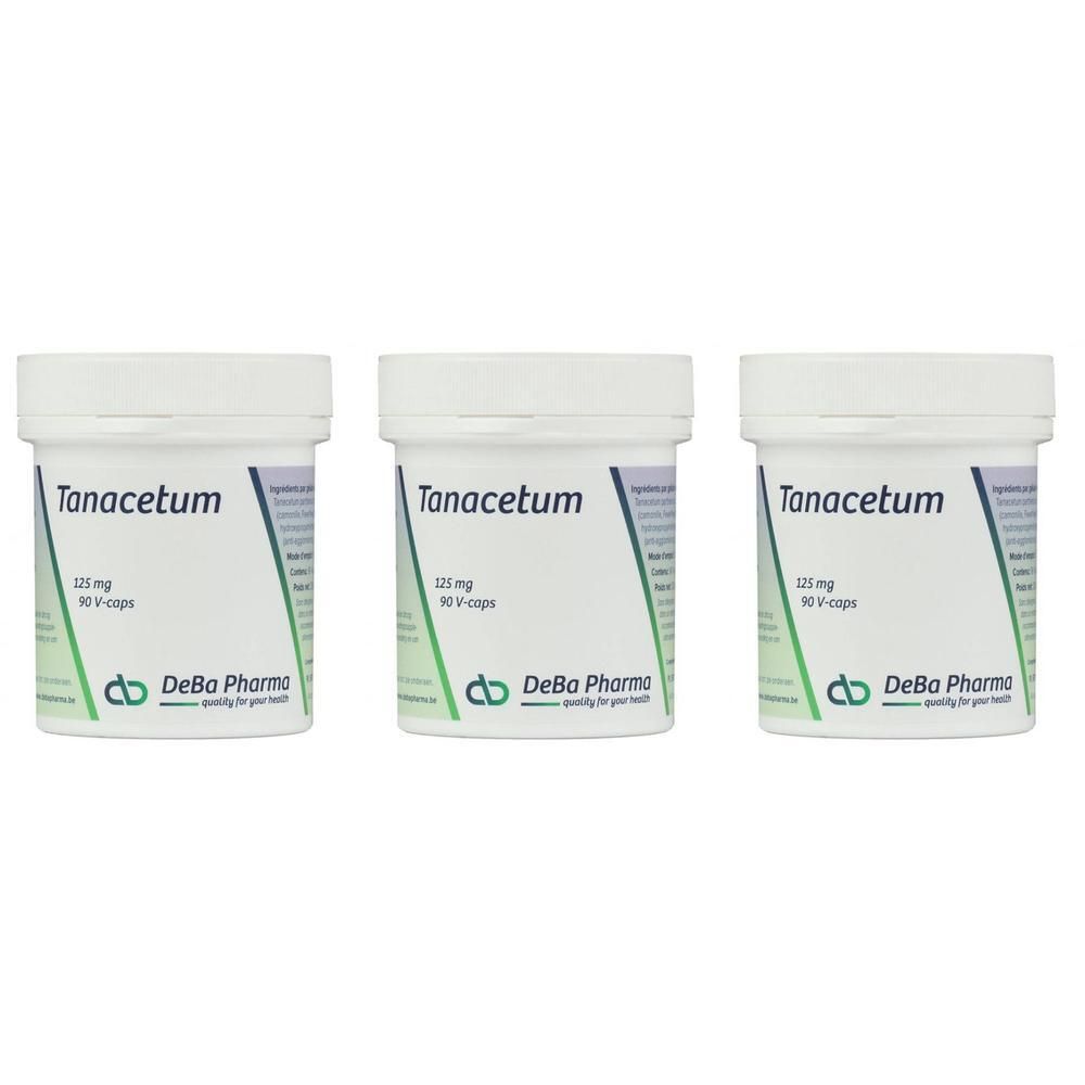 Drie witte potten met deksels. Opschrift: Tanacetum, 125 mg, 90 V-caps. Logo DeBa Pharma.