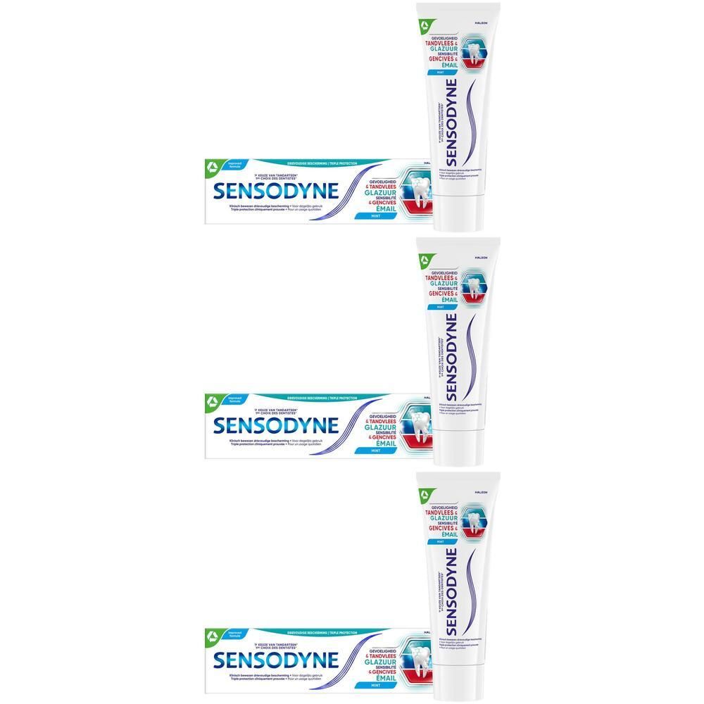 Tubes et emballages de dentifrice Sensodyne Sensitivity, Gums & Enamel. Plusieurs tubes et boîtes.