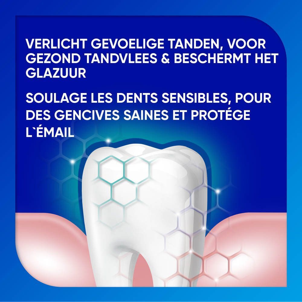 Dent avec texte: Soulage les dents sensibles, pour des gencives saines et protège l'émail.