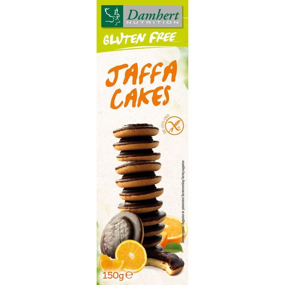Pile de Jaffa Cakes sans gluten avec enrobage chocolaté. Tranches d'orange à côté. Emballage avec logo et texte.