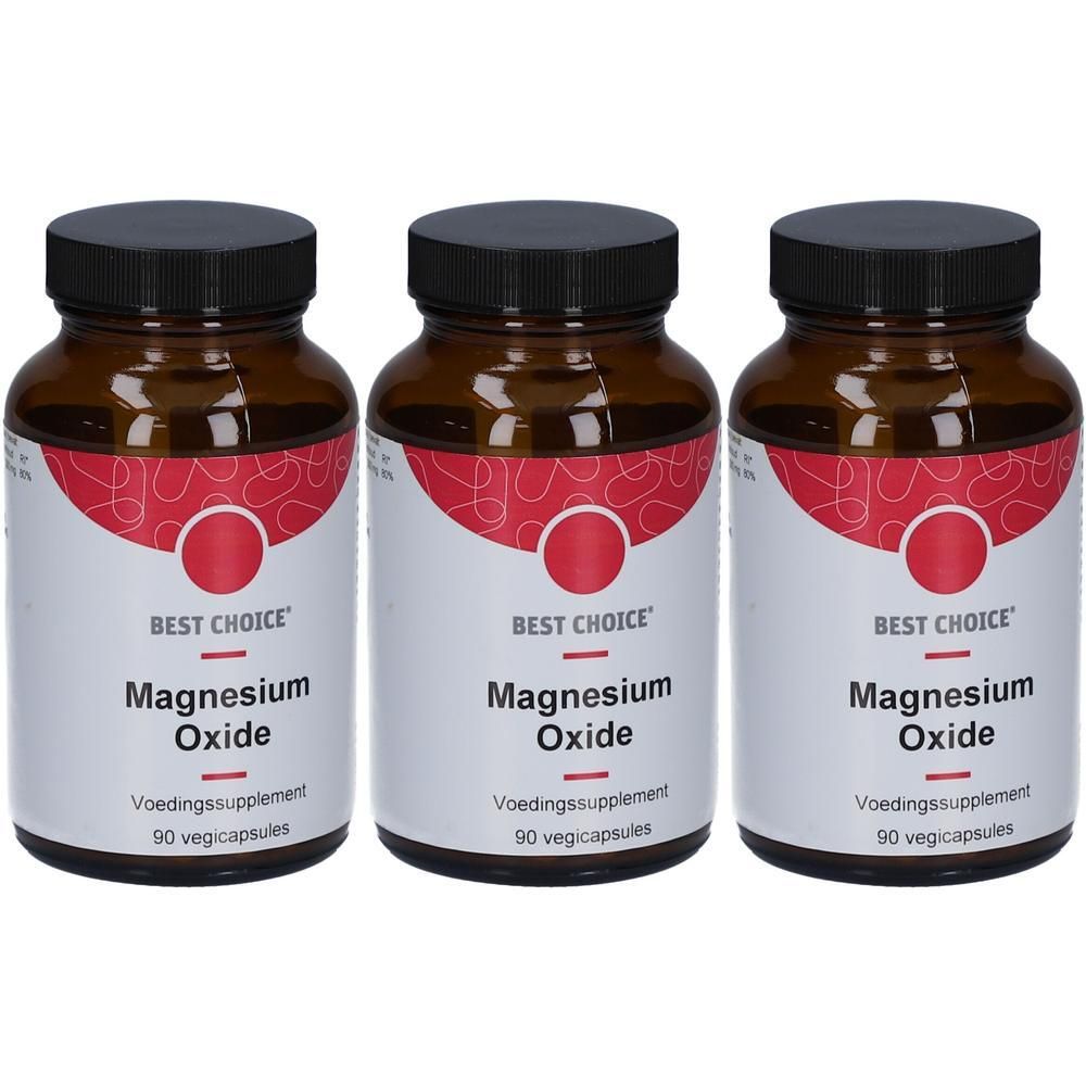 Drie bruine glazen flessen met zwarte doppen. Labels: "BEST CHOICE Magnesium Oxide". 