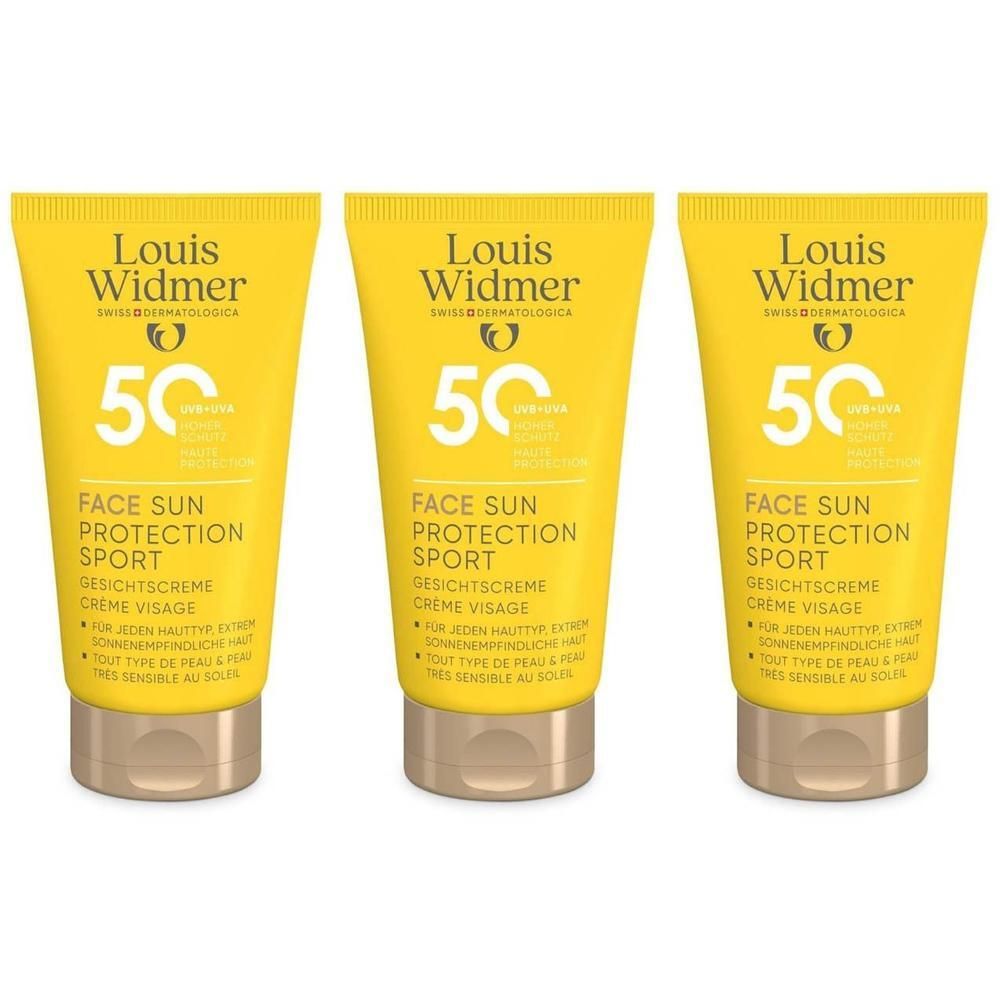 Trois tubes de Louis Widmer Face Sun Protection Sport SPF50. Tubes jaunes avec bouchon marron.