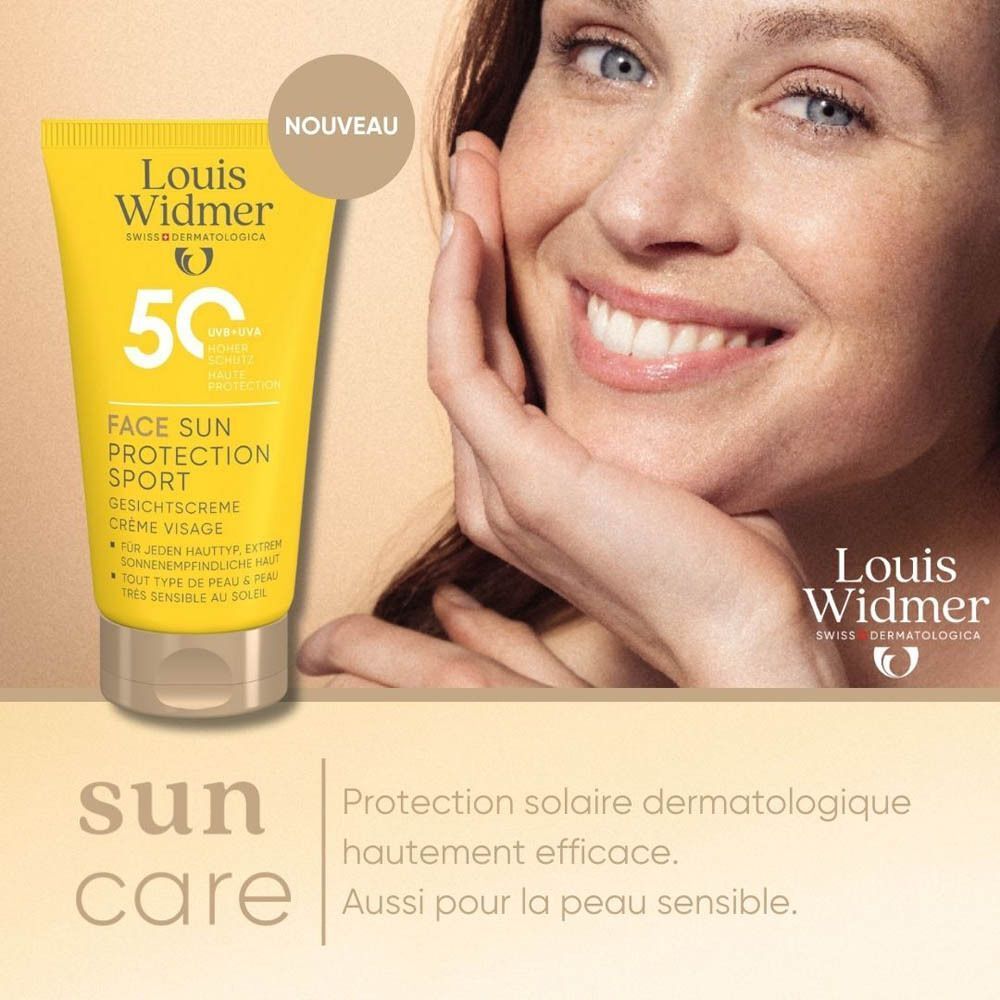 Femme avec produit. Tube jaune Louis Widmer Face Sun Protection Sport SPF50. Texte: Protection solaire dermatologique.