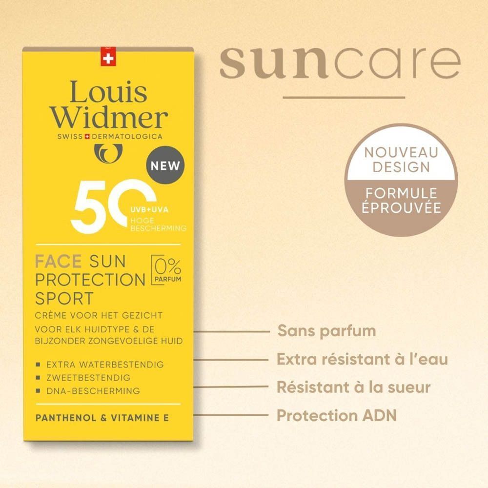 Emballage Louis Widmer Face Sun Protection Sport SPF50. Jaune avec textes. Sans parfum, extra résistant à l'eau, résistant à la sueur.