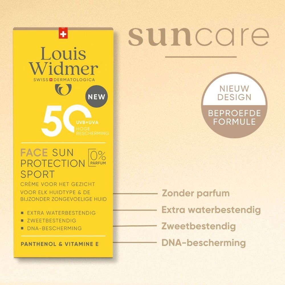 Verpakking Louis Widmer Face Sun Protection Sport SPF50. Geel met teksten. Zonder parfum, extra waterbestendig, zweetbestendig.