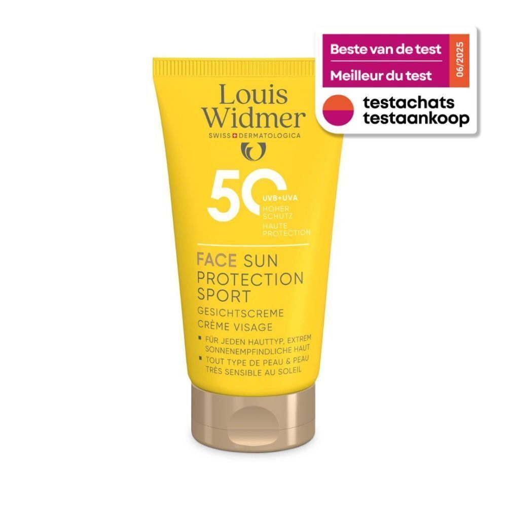 Tube Louis Widmer Face Sun Protection Sport SPF50. Geel met tekst. Onderscheiding: Beste uit de test.