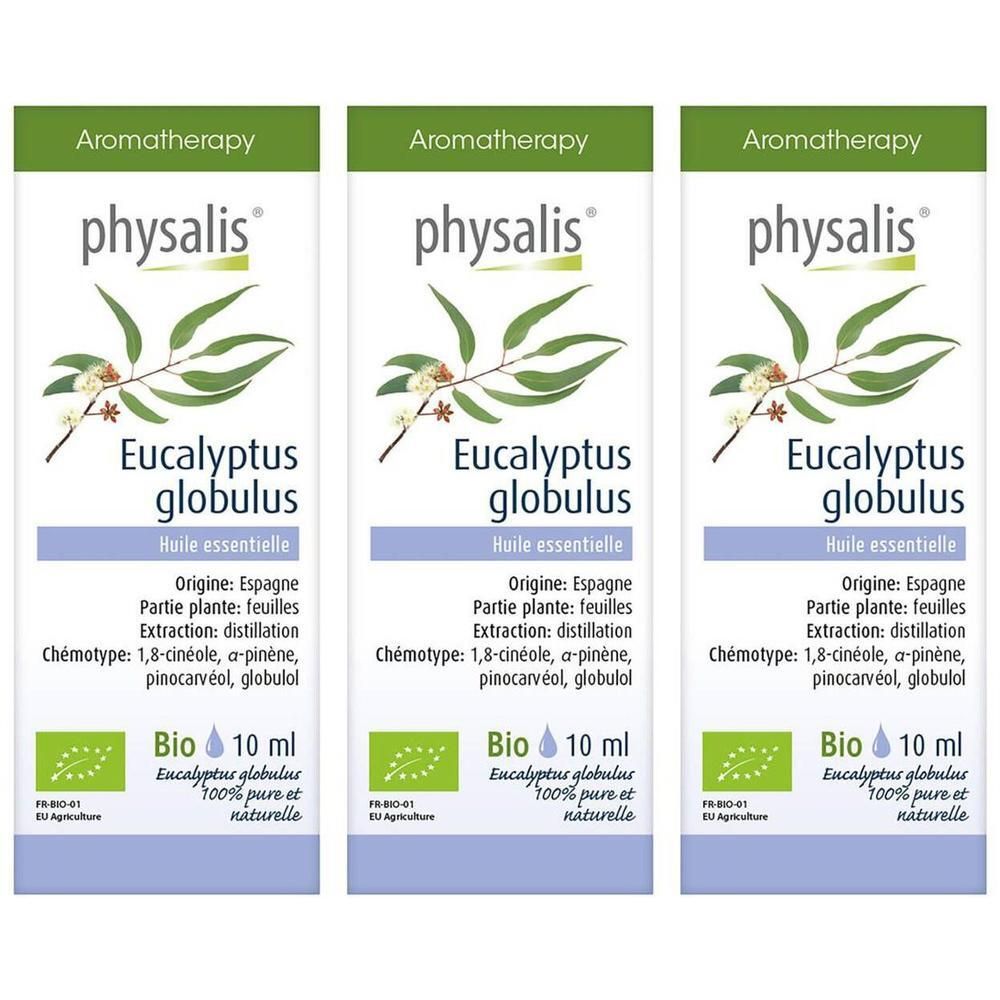 Trois flacons avec étiquettes. Inscription : Physalis Eucalyptus Globulus Bio. Avec label bio et contenu de 10 ml.
